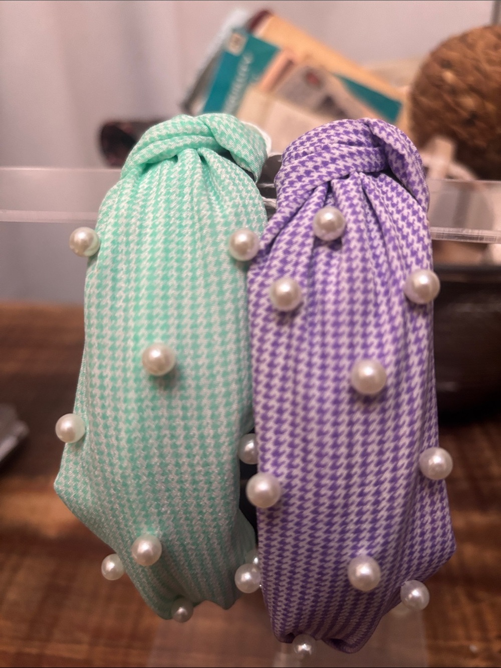 Pearl-Embellished Mint and Lavender Knot Headbands